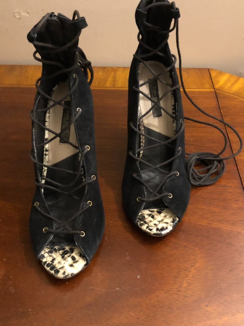 Zara Black Suede Snakeskin Lace Up Wedge Sandals Heels Size 6.5